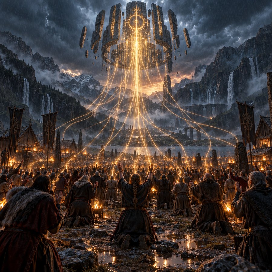 Threads of amber light rise from praying villagers into a rune carved altar in the sky