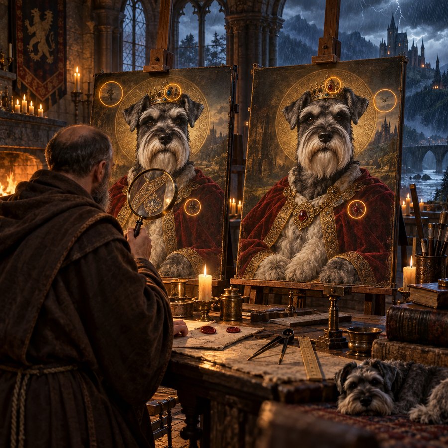 An artisan compares two portraits of a divine schnauzer on twin easels in a candlelit workshop